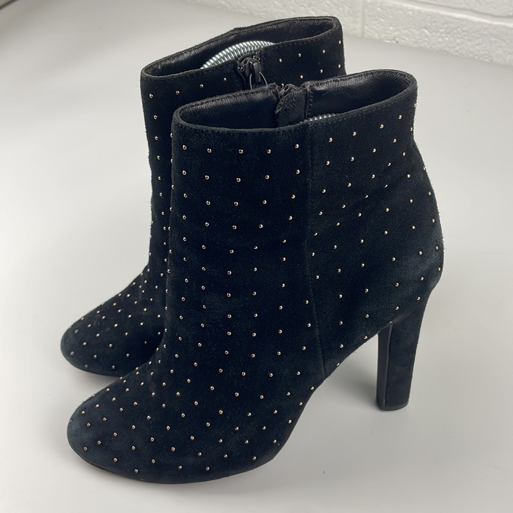 Joie | Hachrio Studded Suede Leather 4.25" Heel Ankle Bootie Black Size 39 - Picture 4 of 14